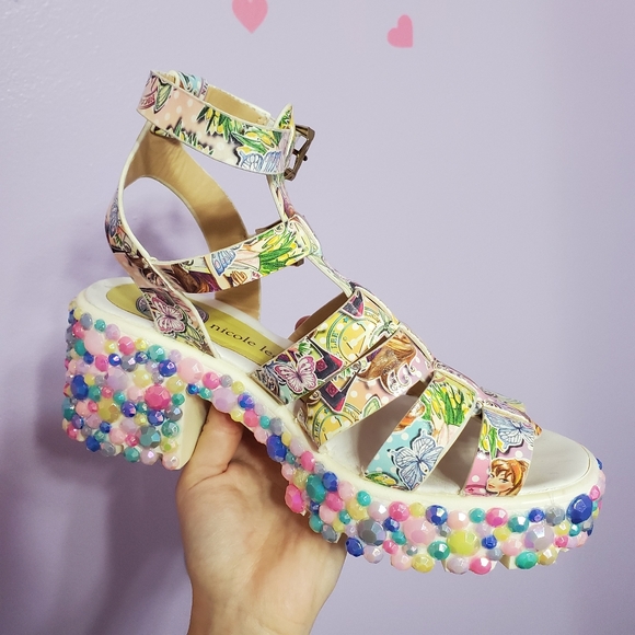 RARE Y2k Bejeweled Kawaii Pastel Nicole Lee Sandal Block Heels - Picture 3 of 10